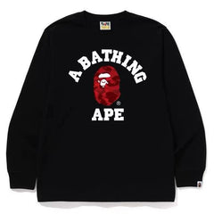 BAPE Style Collegiate Arc Logo & Camo Ape Head Long-Sleeve Tee - Black/Purple