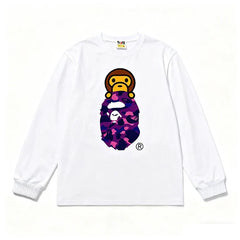 BAPE Style Baby Milo Peeking on Camo Ape Head Long-Sleeve Tee - White/Purple