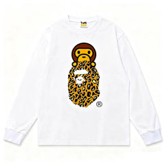BAPE Style Baby Milo on Leopard Camo Ape Head Long-Sleeve Tee - White/Leopard