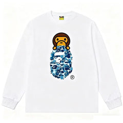 BAPE Style Baby Milo Peeking on Camo Ape Head Long-Sleeve Tee - White/Blue