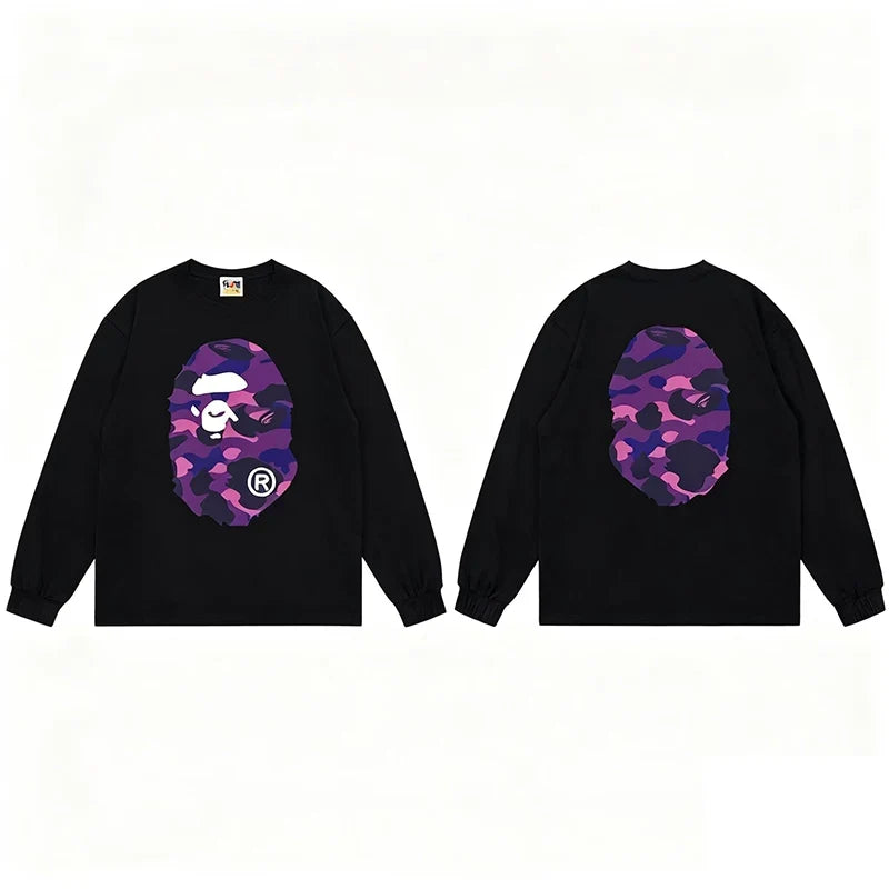 BAPE Style Big Camo Ape Head Long-Sleeve Tee - Black/Purple