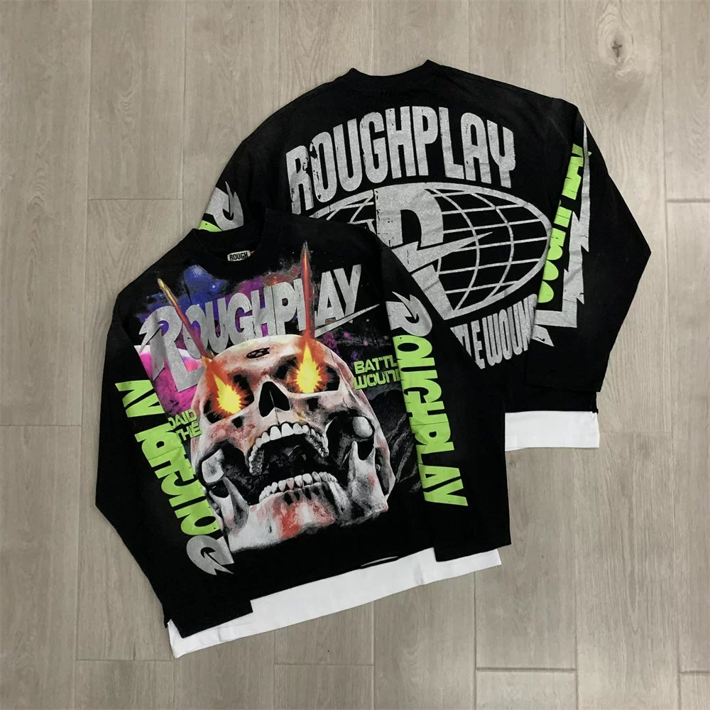 Roughplay Flaming Skull Graphic Heavyweight Long-Sleeve Tee - Black/Neon Green