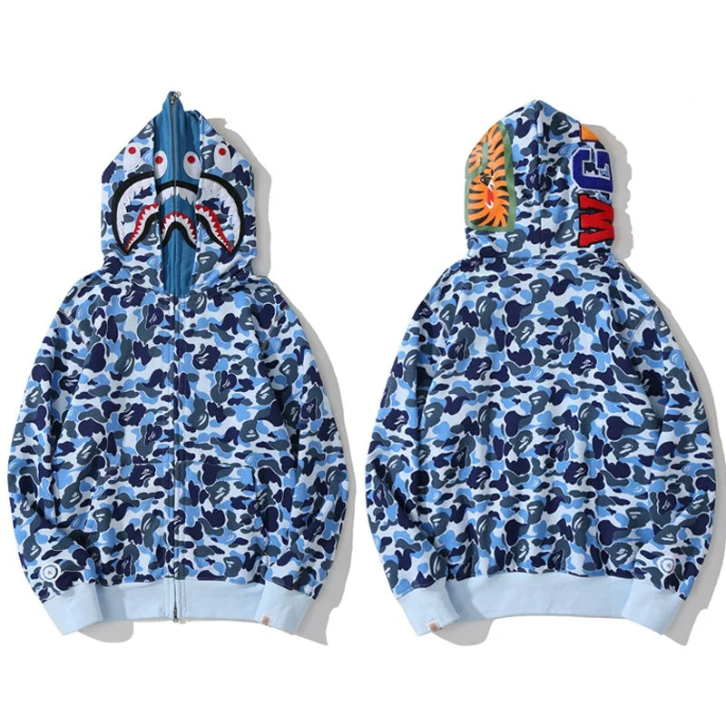 BAPE Style Camo Shark Full-Zip Hoodie - Light Blue