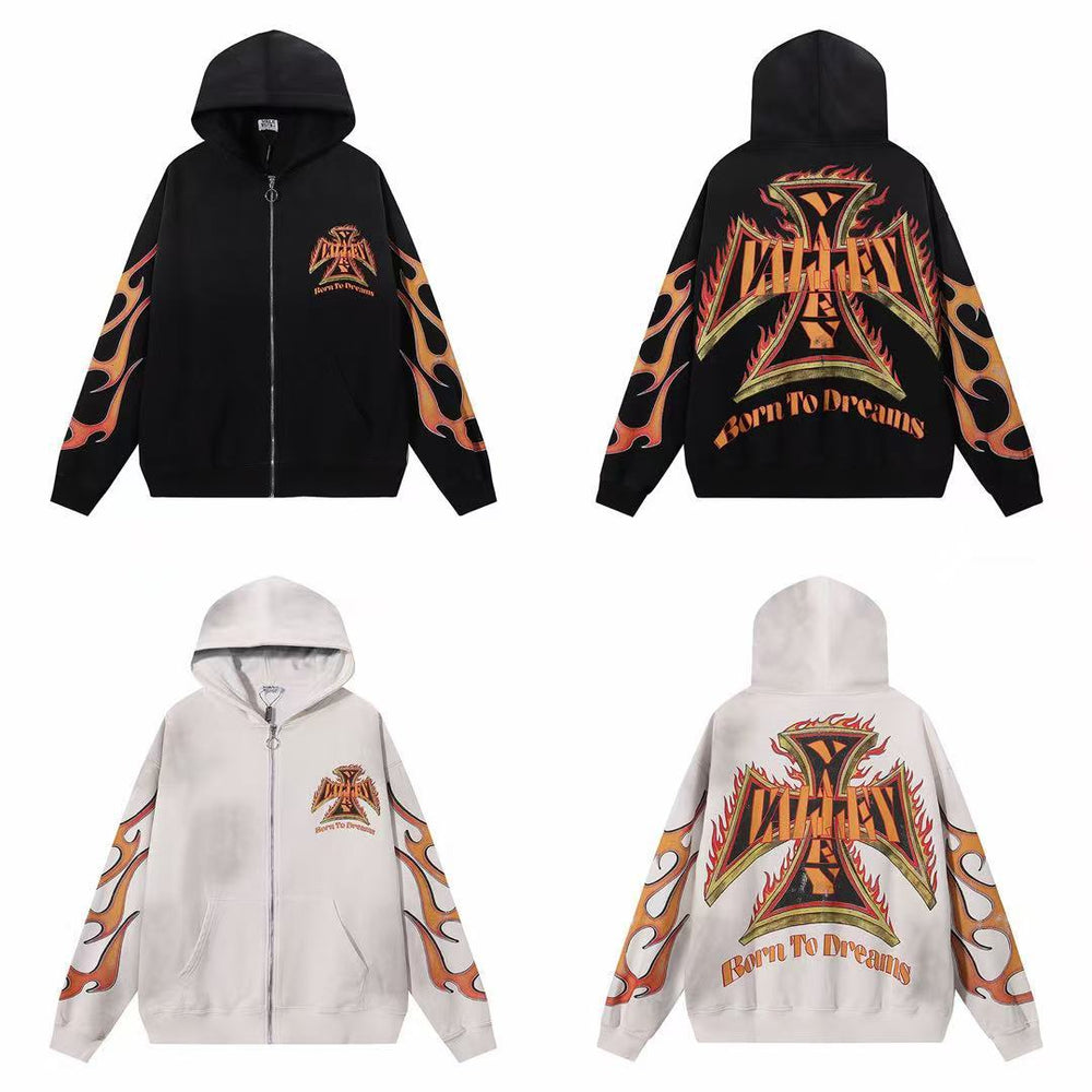 Vale Forever Valley Flames & Maltese Cross Graphic Vintage Wash Full-Zip Hoodie