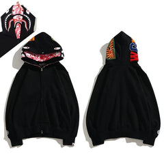 BAPE Style Solid Black Shark Full-Zip Hoodie - Camo Interior