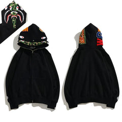 BAPE Style Solid Black Shark Full-Zip Hoodie - Green Camo Interior