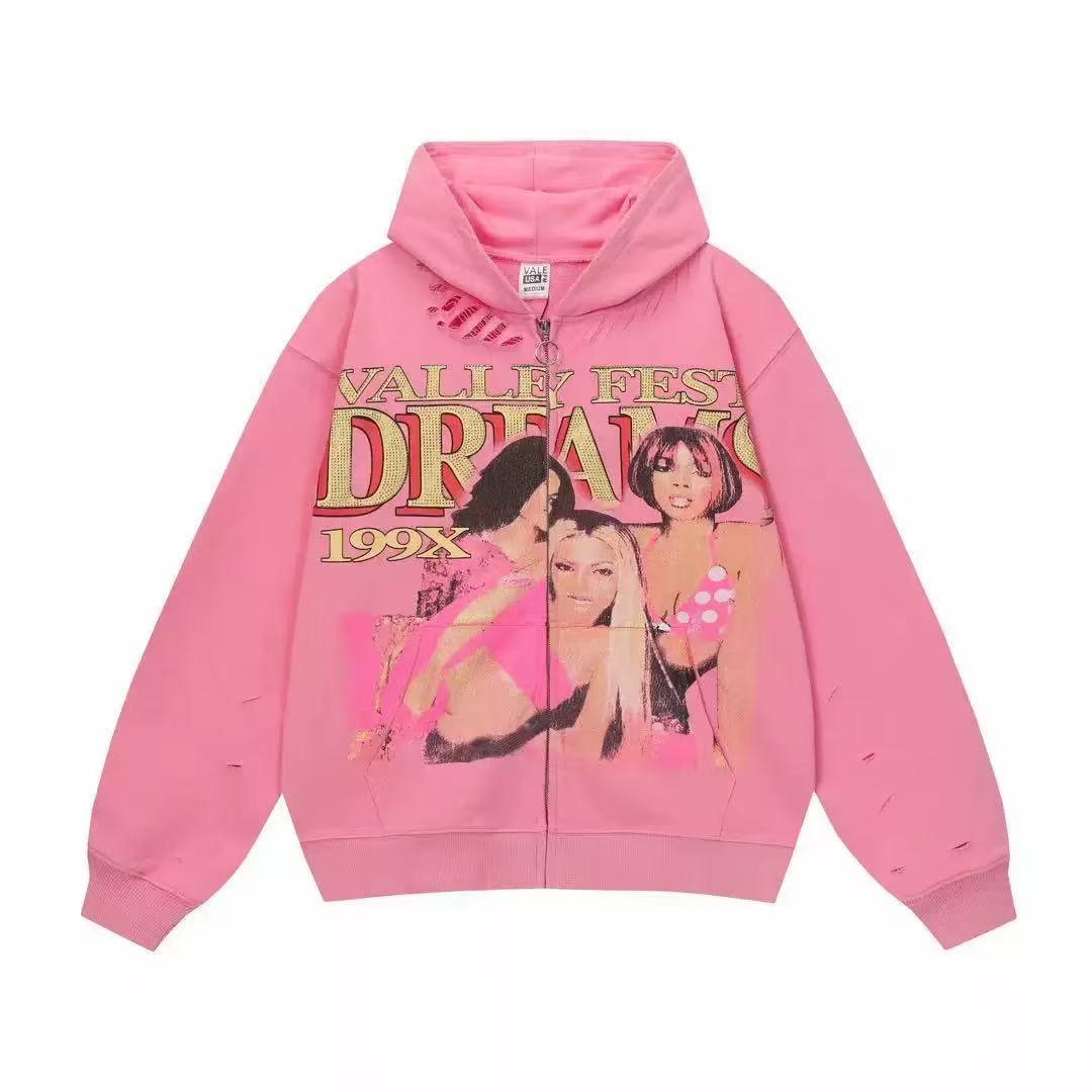 Vale Forever Dreams Distressed Zip Up Hoodie 'Pink'