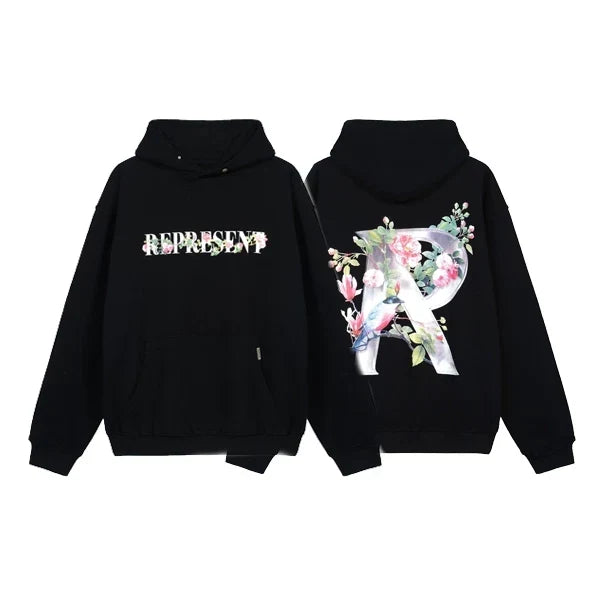 Represent Floral & Metal "R" Graphic Heavyweight Hoodie - Black