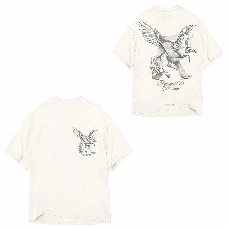 Represent "Elegance In Motion" Winged Unicorn Graphic T-Shirt - White
