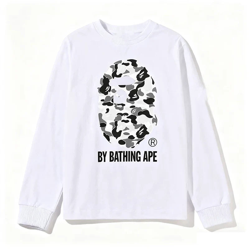 BAPE Style "BY BATHING APE" Camo Ape Head Long-Sleeve Tee - White/Monochrome Camo