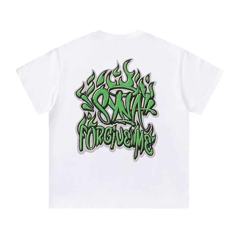 Syna World Green Flame Graffiti "Forgive Me" Oversized Tee (White / Green)