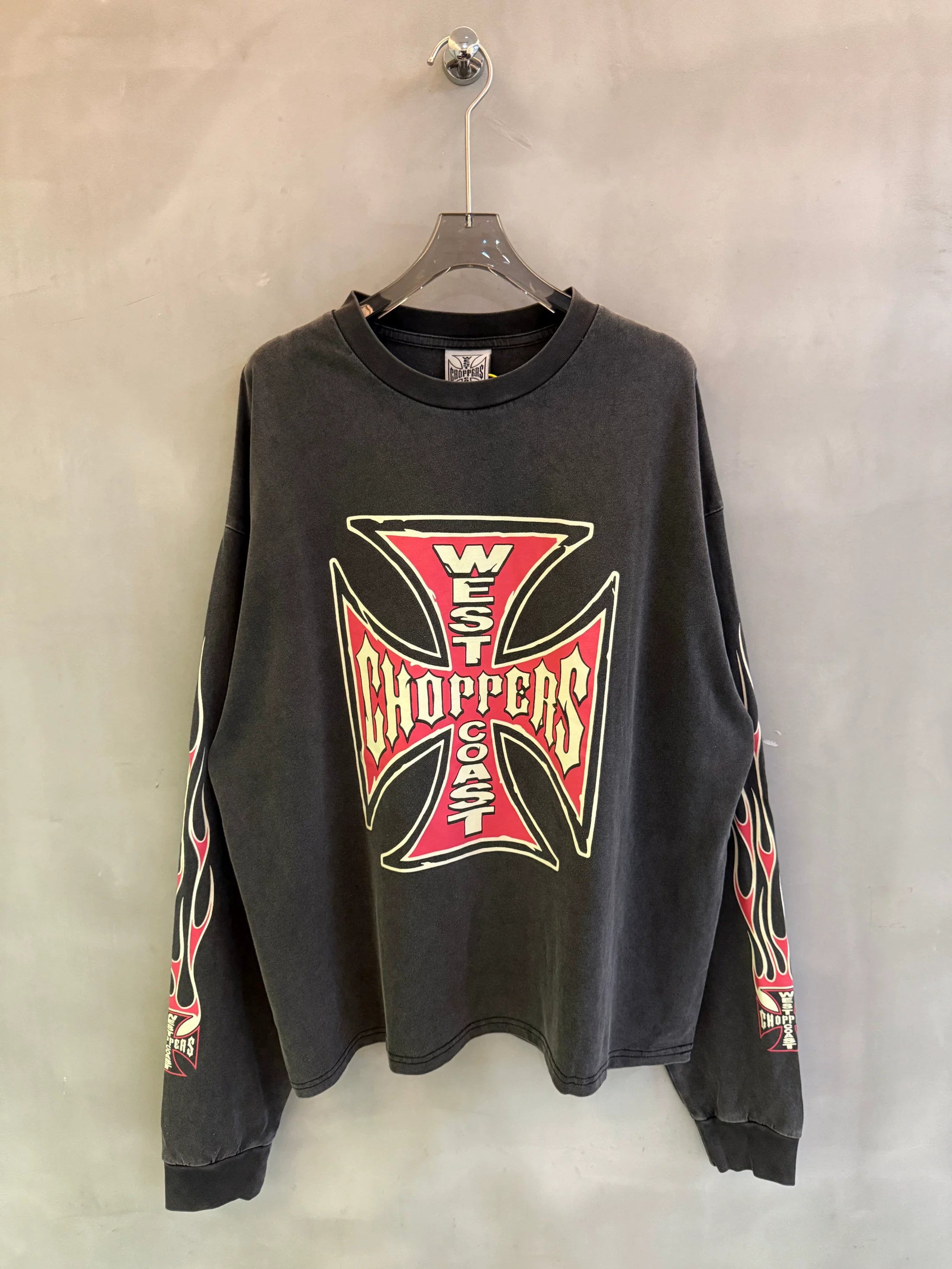West Coast Choppers Iron Cross & Flames Long Sleeve Tee - Vintage Black/Red