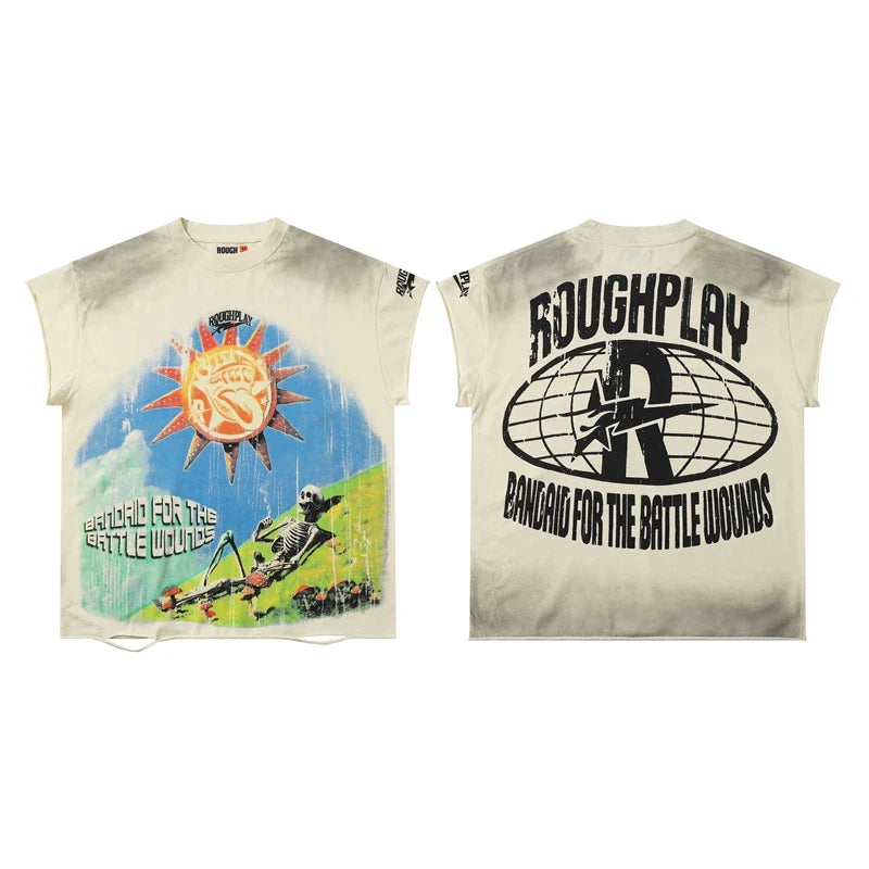 Rough Play "Bandaid for the Battle Wounds" Sun and Skeleton Graphic Sleeveless Tee