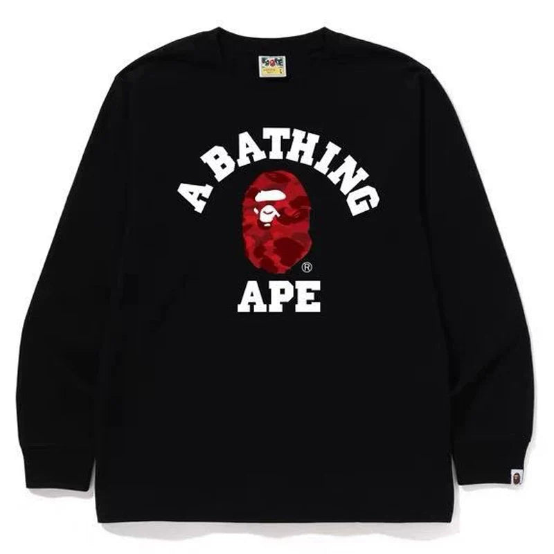 BAPE Style Collegiate Arc Logo & Camo Ape Head Long-Sleeve Tee - Black/Purple
