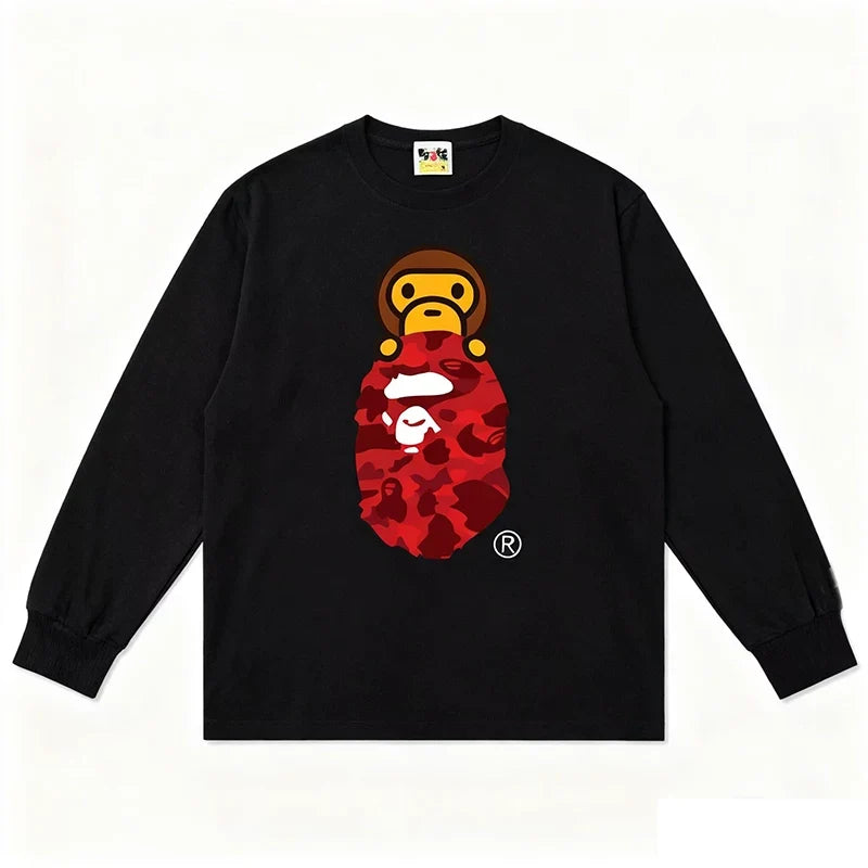 BAPE Style Baby Milo Peeking on Camo Ape Head Long-Sleeve Tee - Black/Red