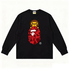 BAPE Style Baby Milo Peeking on Camo Ape Head Long-Sleeve Tee - Black/Red