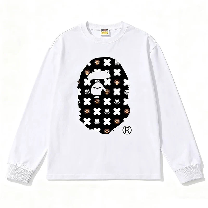 BAPE Style All-Over Cartoon Print Ape Head Long-Sleeve Tee - White