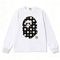 BAPE Style All-Over Cartoon Print Ape Head Long-Sleeve Tee - White