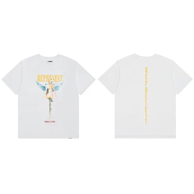 Represent Angel Figurine & Vertical Logo Graphic T-Shirt - White