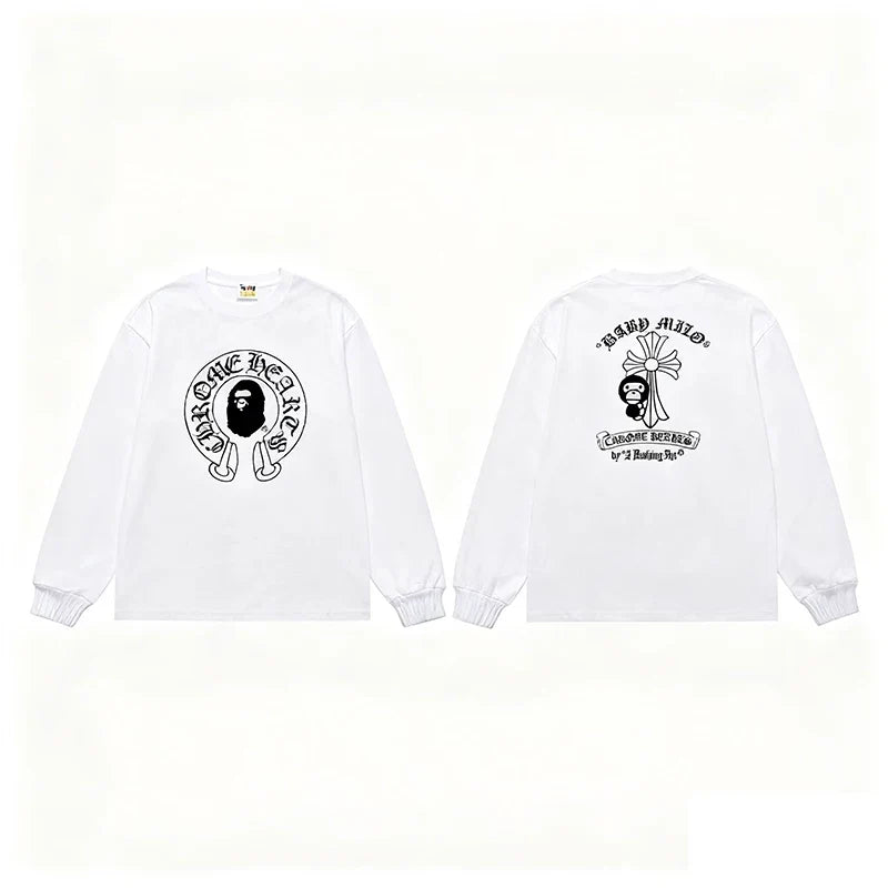 BAPE x Chrome Hearts Style Horseshoe & Cross Long-Sleeve Tee - White