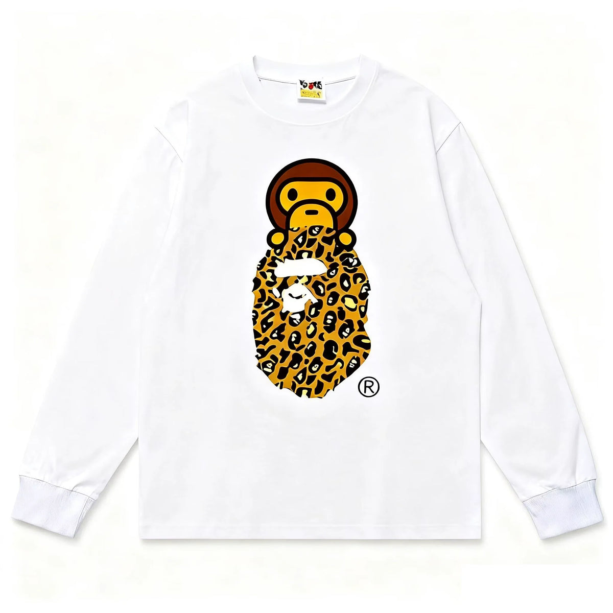 BAPE Style Baby Milo on Leopard Camo Ape Head Long-Sleeve Tee - White/Leopard