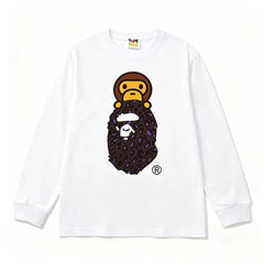 BAPE Style Baby Milo on Dark Leopard Camo Ape Head Long-Sleeve Tee - White/Dark Leopard
