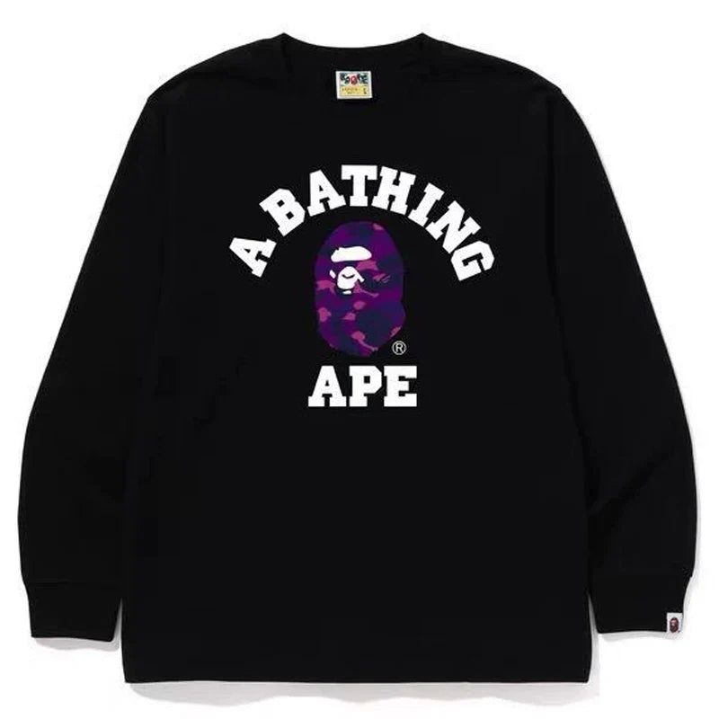 BAPE Style Collegiate Arc Logo & Camo Ape Head Long-Sleeve Tee - Black/Purple