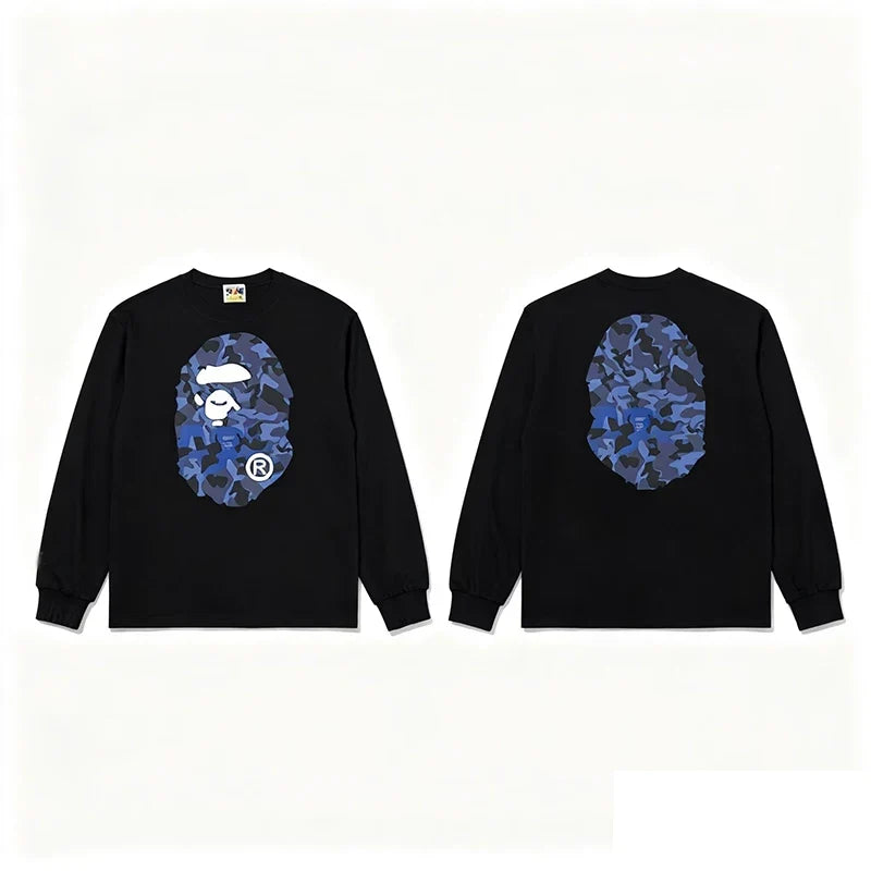 BAPE Style Big Camo Ape Head Long-Sleeve Tee - Black/Blue