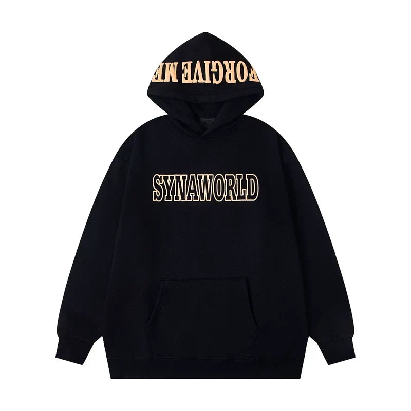 Syna World Hood Print Logo Oversized Fleece Hoodie (Black / Yellow)