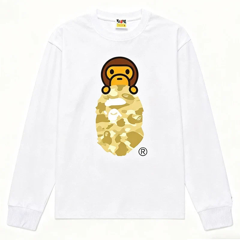 BAPE Style Baby Milo Peeking on Camo Ape Head Long-Sleeve Tee - White/Yellow