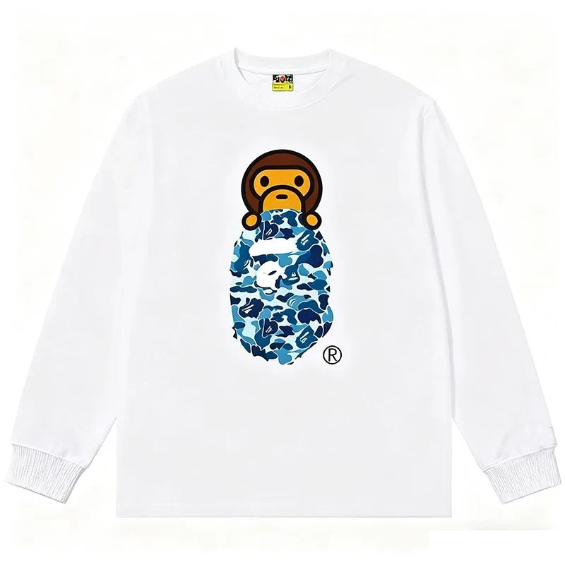 BAPE Style Baby Milo Peeking on Camo Ape Head Long-Sleeve Tee - White/Blue