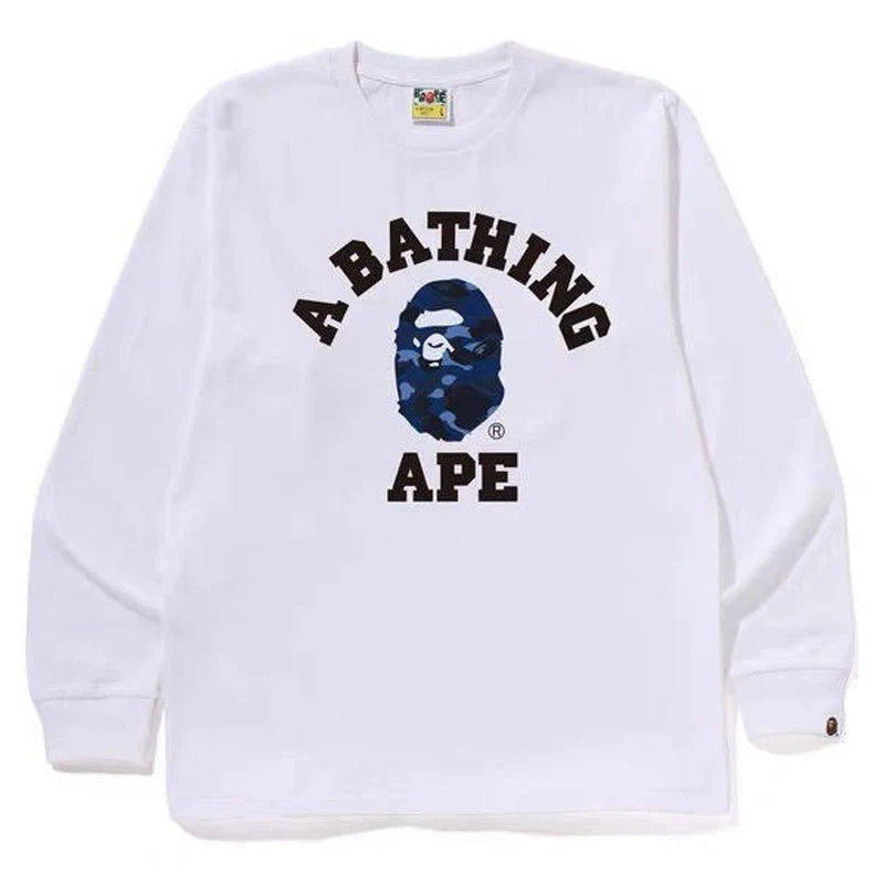 BAPE Style Collegiate Arc Logo & Camo Ape Head Long-Sleeve Tee - White/Blue