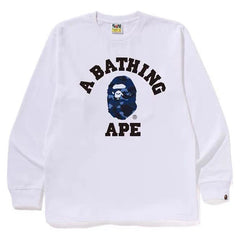 BAPE Style Collegiate Arc Logo & Camo Ape Head Long-Sleeve Tee - White/Blue