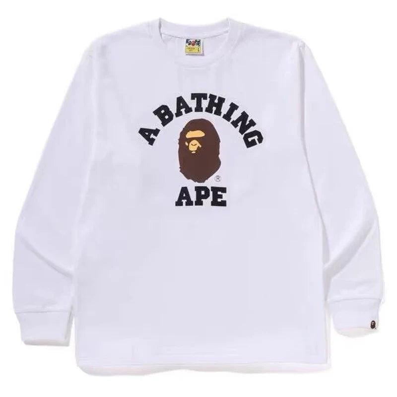 BAPE Style Collegiate Arc Logo & Ape Head Long-Sleeve Tee - White