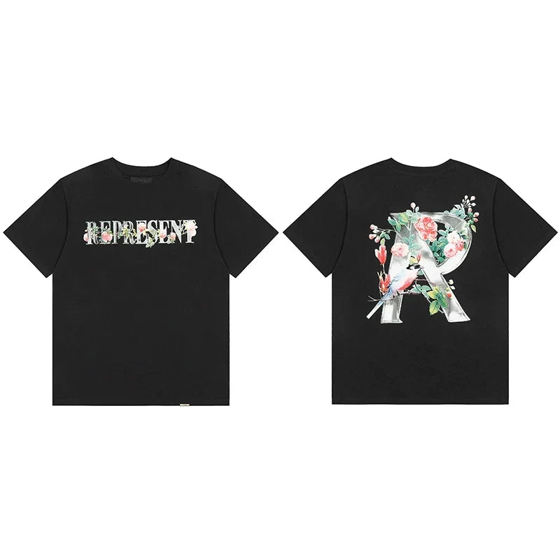 Represent Floral & Bird Silver "R" Graphic T-Shirt - Black