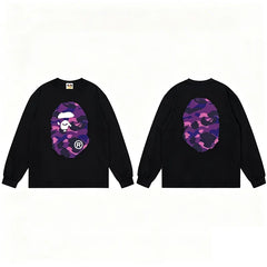 BAPE Style Big Camo Ape Head Long-Sleeve Tee - Black/Purple
