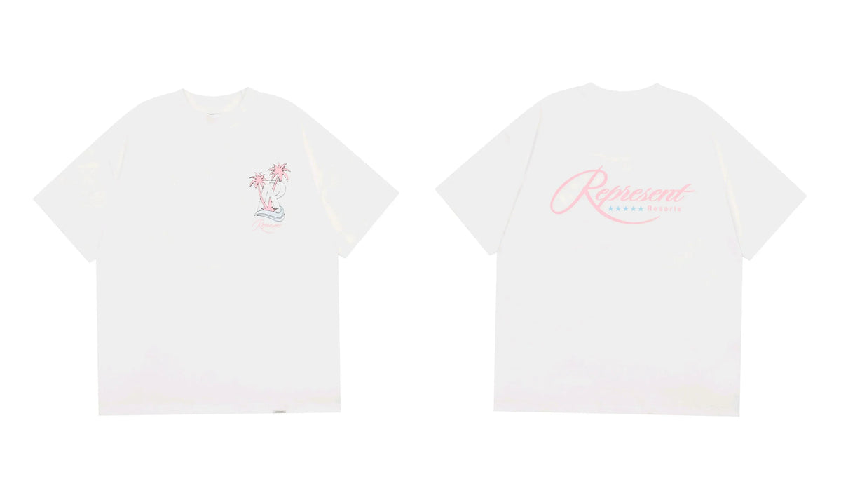 Represent Palm Tree & Cursive Script Graphic T-Shirt - White/Pink