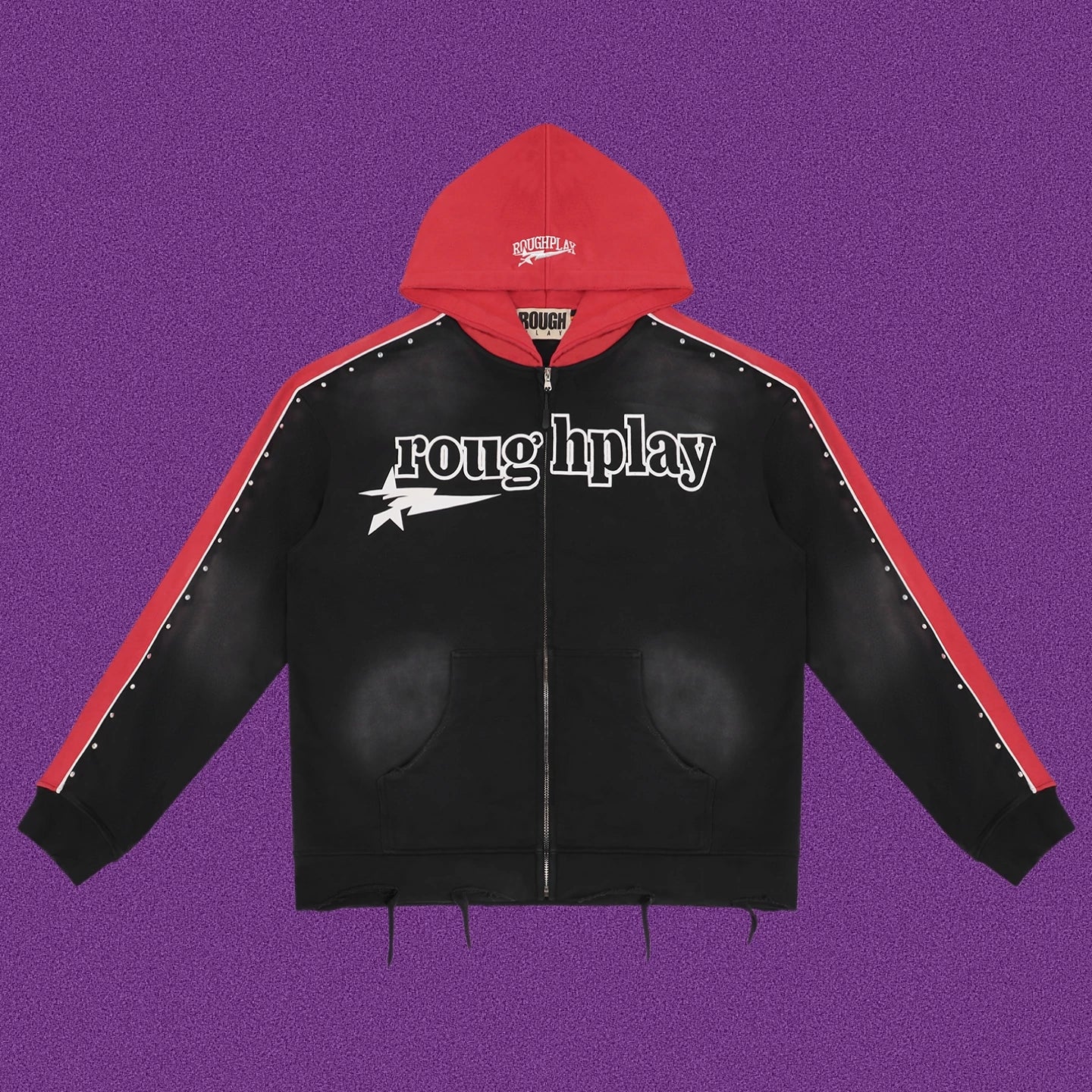 Roughplay Straight Logo Track Zip-Up Hoodie - Black/Red
