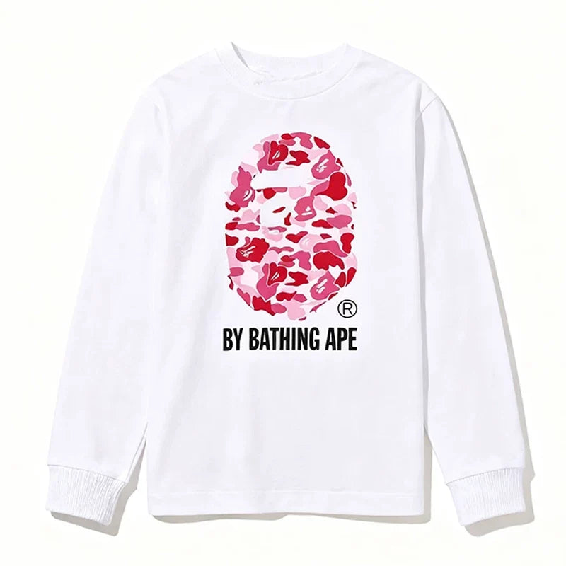 BAPE Style "BY BATHING APE" Camo Ape Head Long-Sleeve Tee - White/Pink
