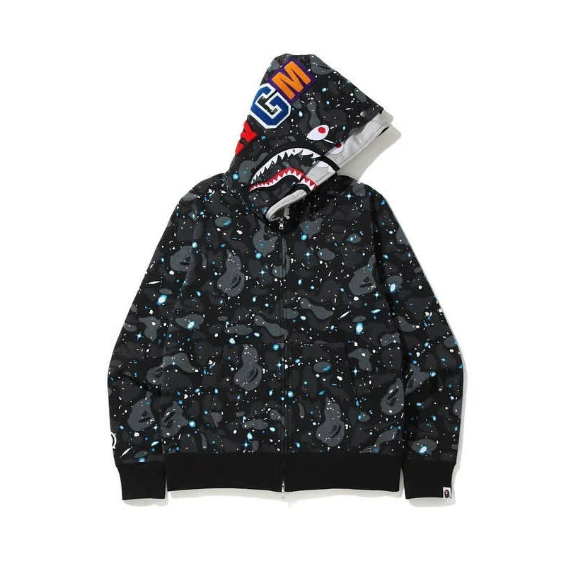 BAPE Style Space Galaxy Shark Full-Zip Hoodie - Black Multi