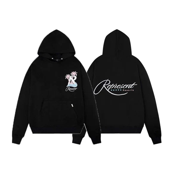 Represent Palm Trees & Pink Script Graphic Heavyweight Hoodie - Black