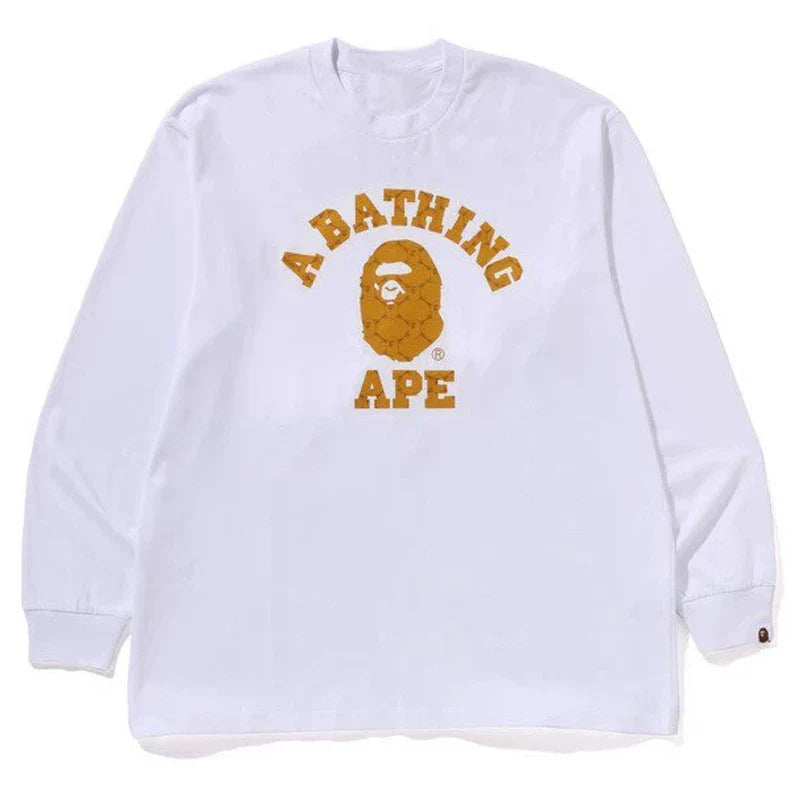 BAPE Style Arch Logo Plaid Camo Ape Head Long-Sleeve Tee - White/Yellow