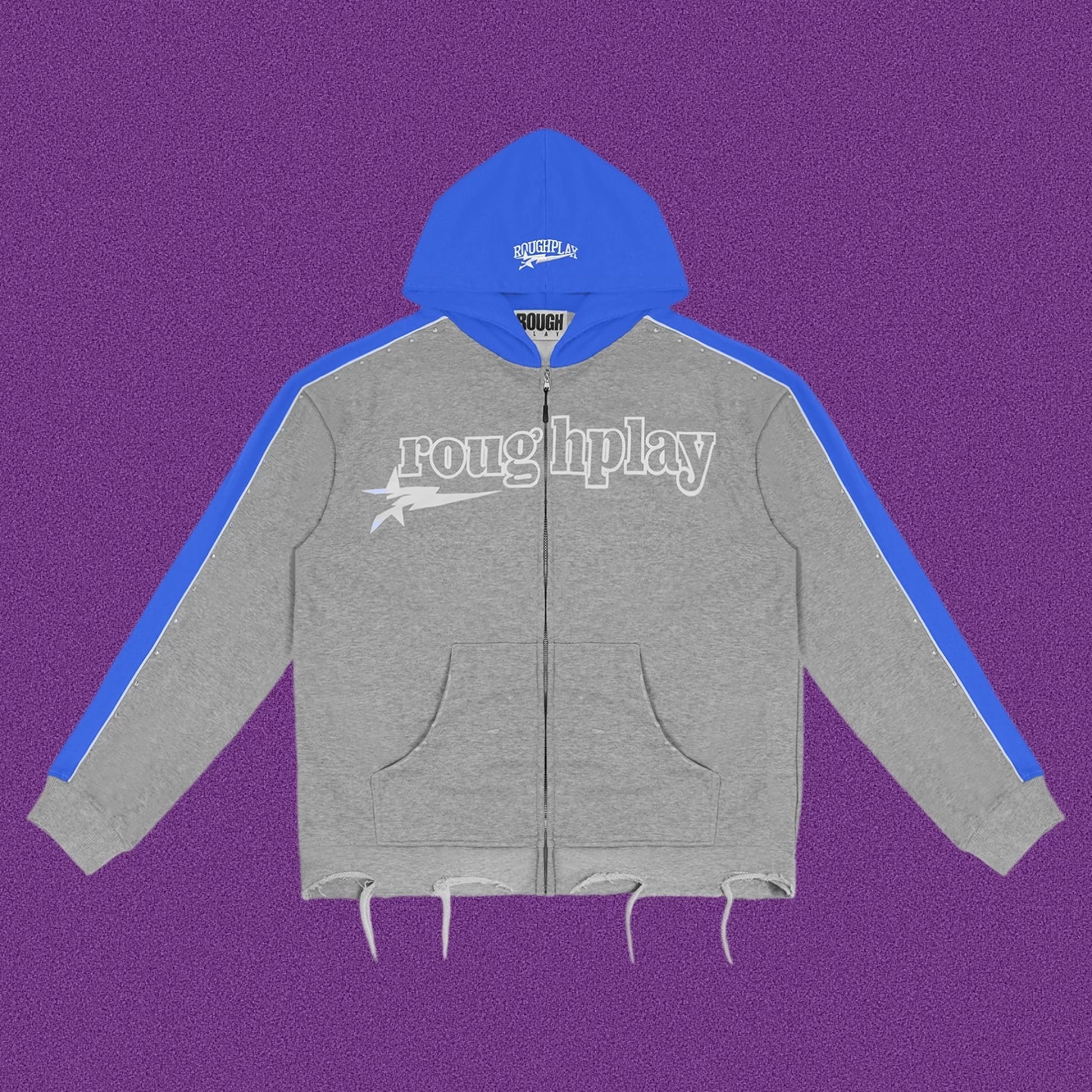 Roughplay Straight Logo Track Zip-Up Hoodie - Light Grey/Royal Blue