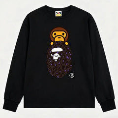 BAPE Style Baby Milo on Dark Leopard Camo Ape Head Long-Sleeve Tee - Black/Dark Leopard