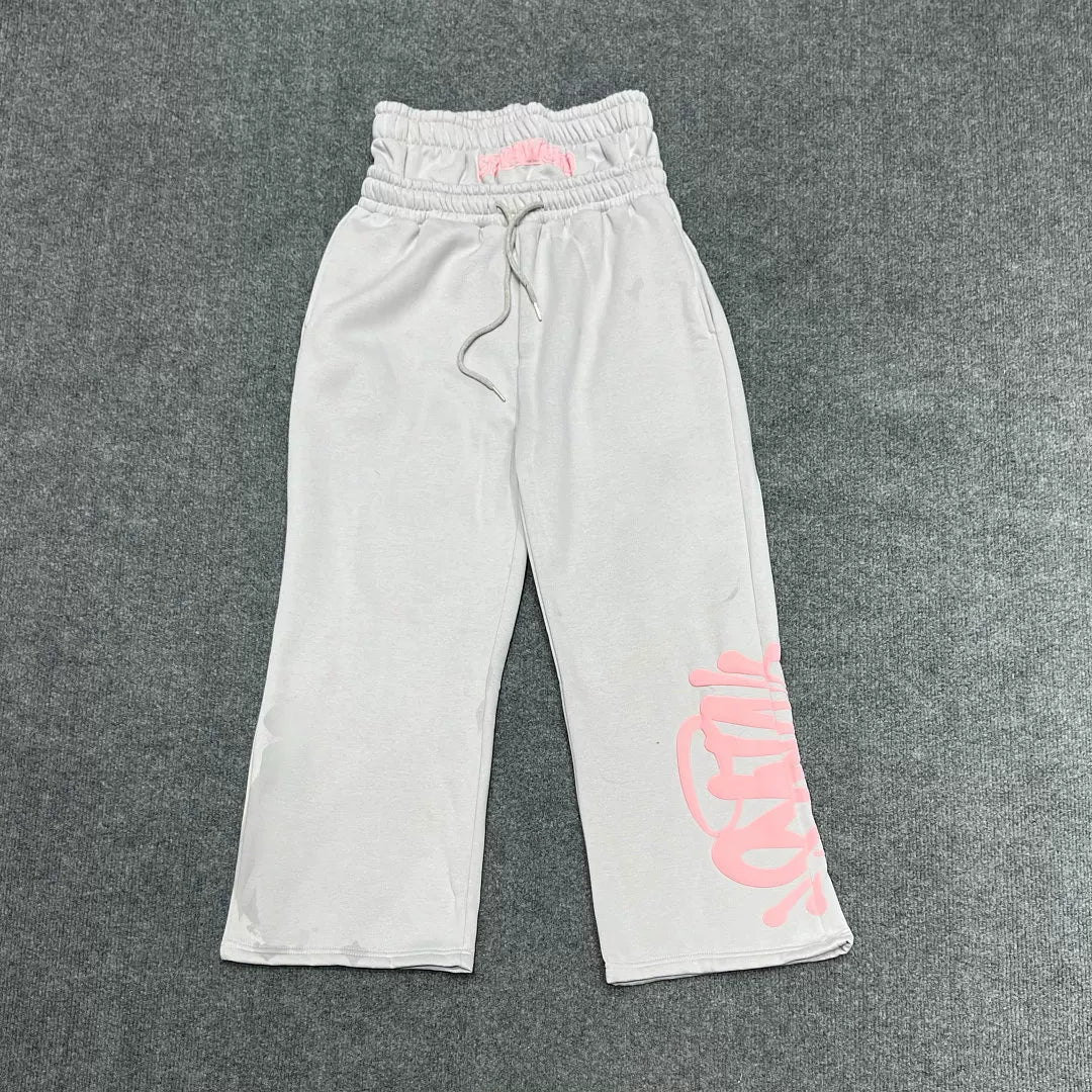 Syna World Double Waistband Layered Graphic Fleece Sweatpants (Grey / Pink)