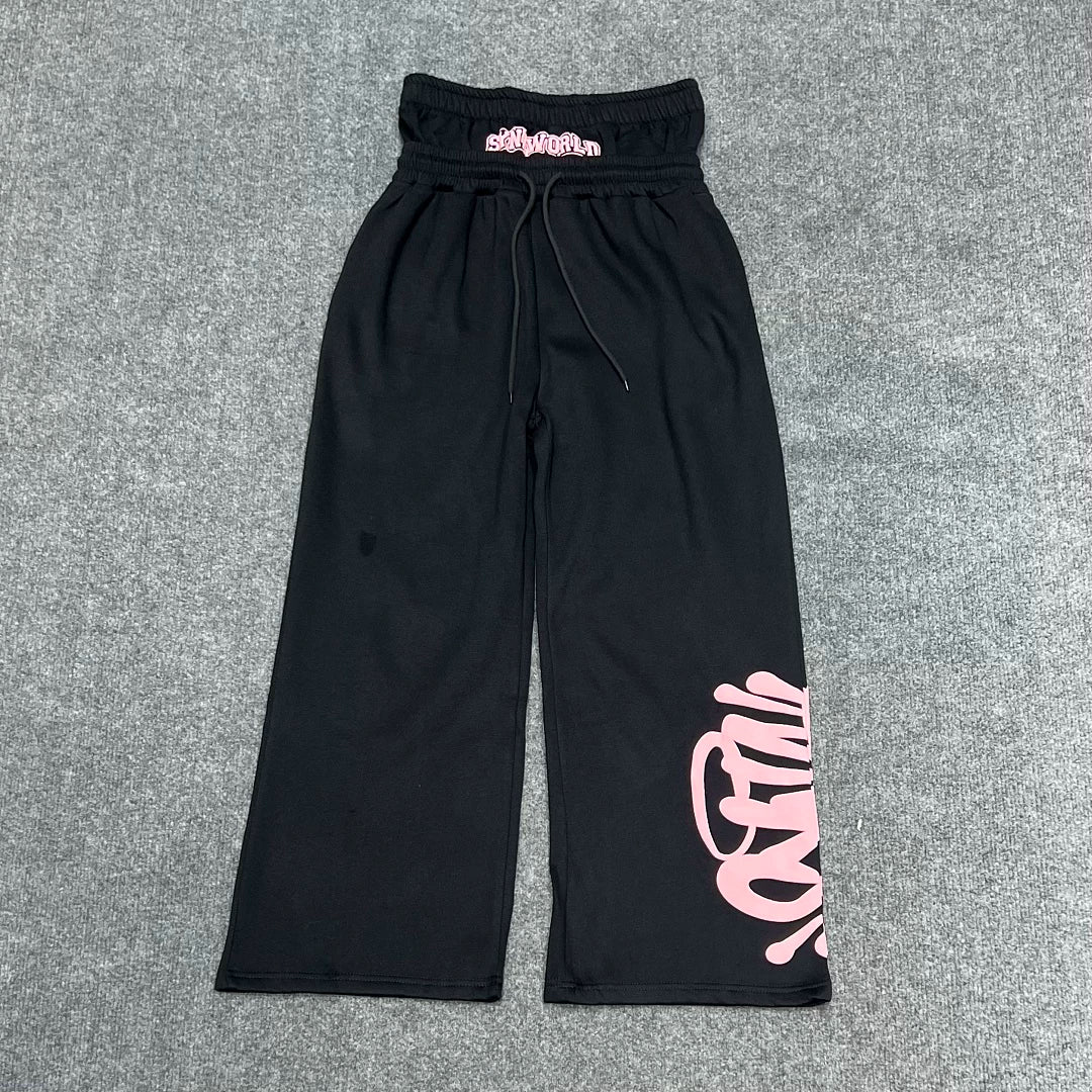Syna World Double Waistband Layered Graphic Fleece Sweatpants (Black / Pink)