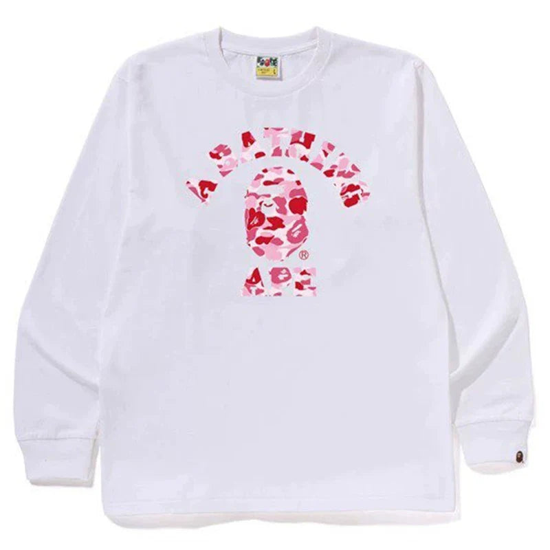 BAPE Style Arch Logo Camo Ape Head Long-Sleeve Tee - White/Pink