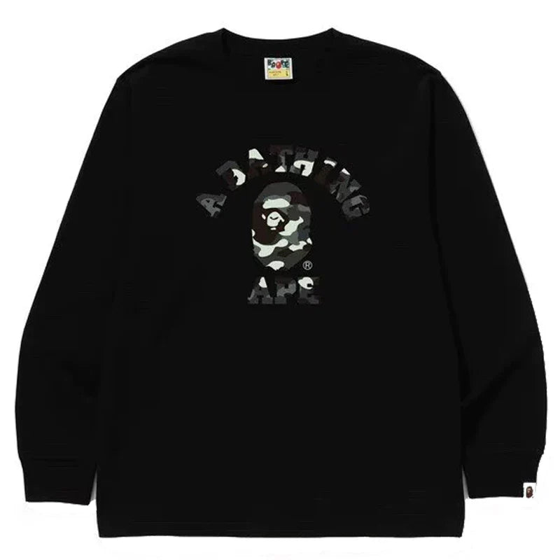 BAPE Style Arch Logo Monochrome Camo Ape Head Long-Sleeve Tee - Black
