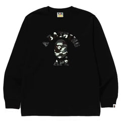 BAPE Style Arch Logo Monochrome Camo Ape Head Long-Sleeve Tee - Black