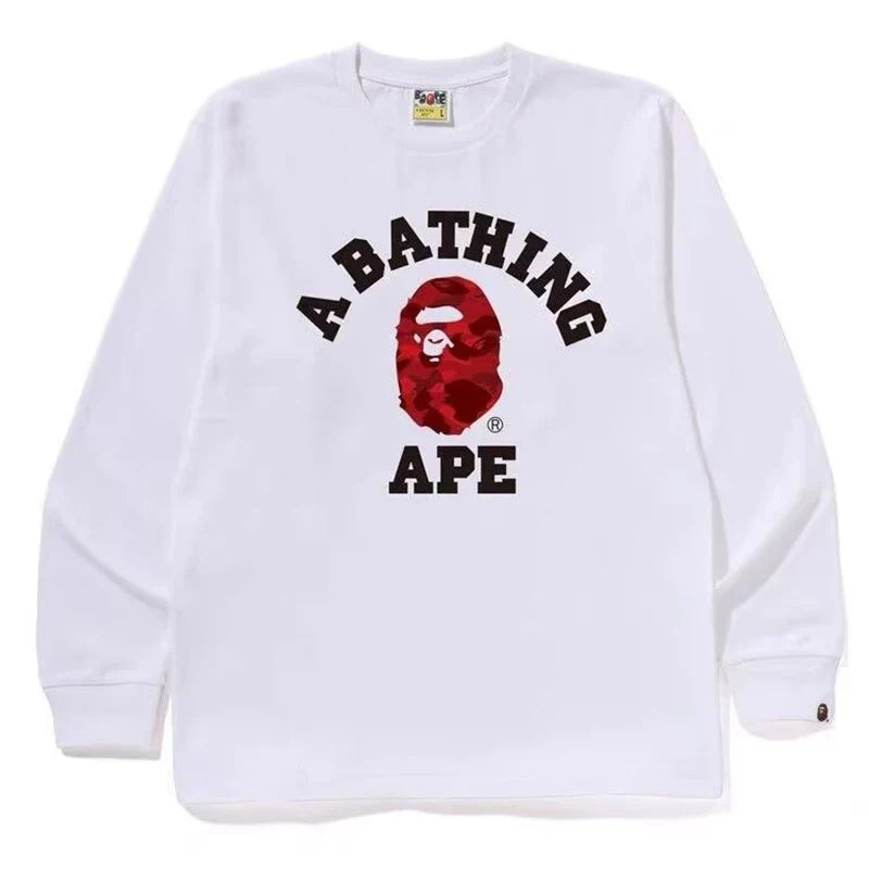 BAPE Style Collegiate Arc Logo & Camo Ape Head Long-Sleeve Tee - White/Red